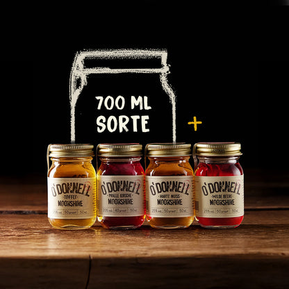 O’Donnell Moonshine Tasting Set Bundle – 1x 700ml Likör im Jar inkl. Classic Mini Set