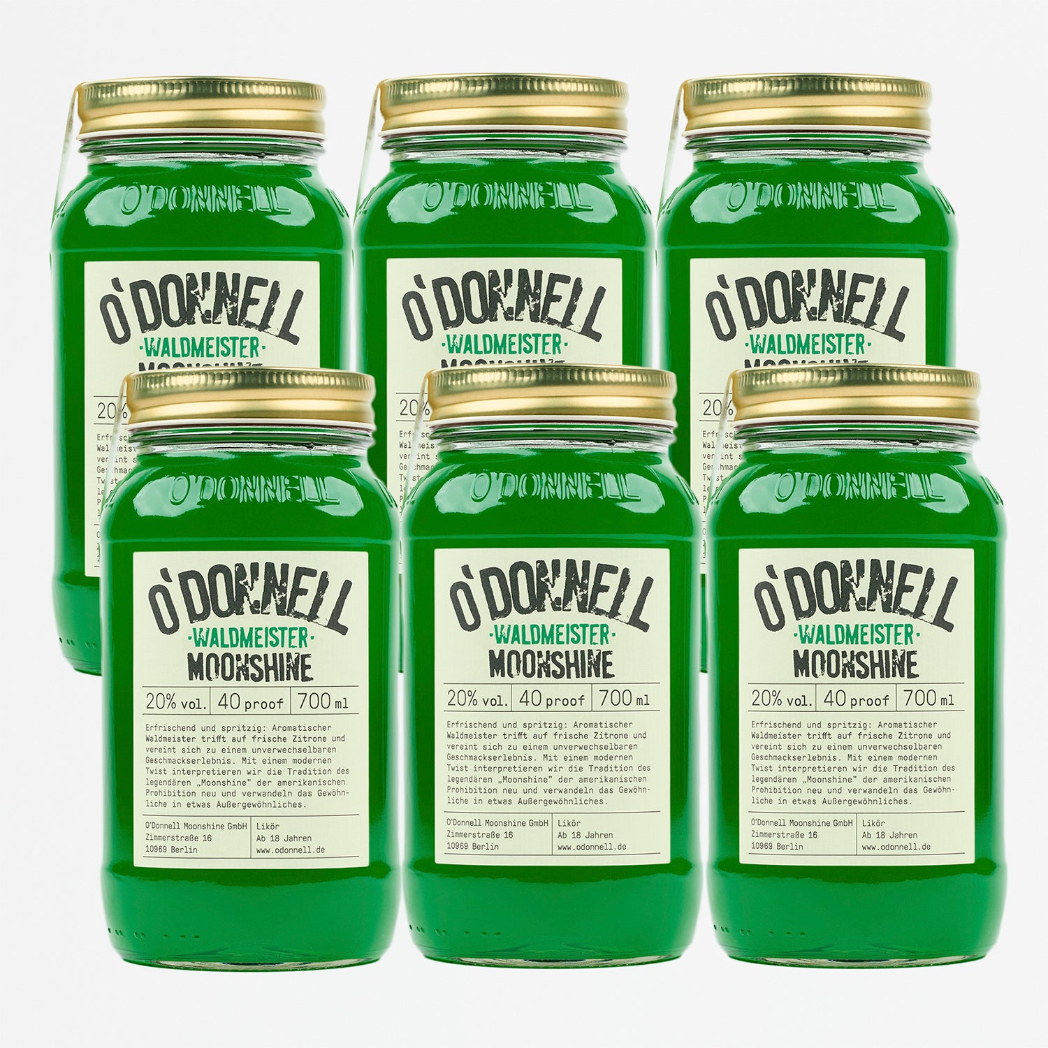 Das Produktbild des O'Donnell Moonshine Waldmeister Likör mit 20% vol.  im 700ml Mason Jar im 6er Bundle.