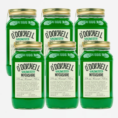 Das Produktbild des O'Donnell Moonshine Waldmeister Likör mit 20% vol.  im 700ml Mason Jar im 6er Bundle.