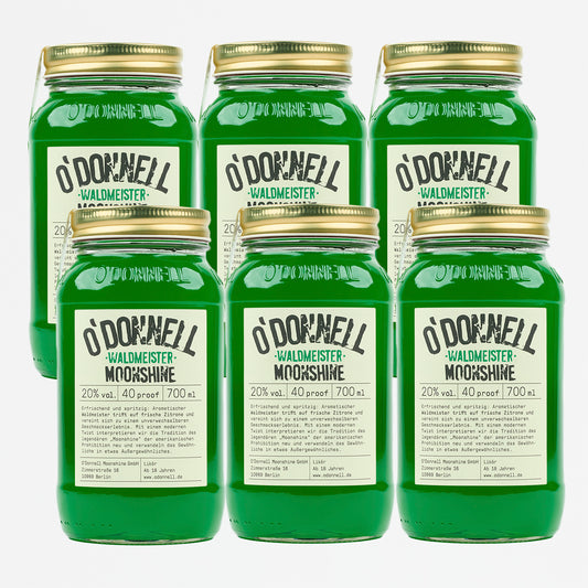 Das Produktbild des O'Donnell Moonshine Waldmeister Likör mit 20% vol.  im 700ml Mason Jar im 6er Bundle.