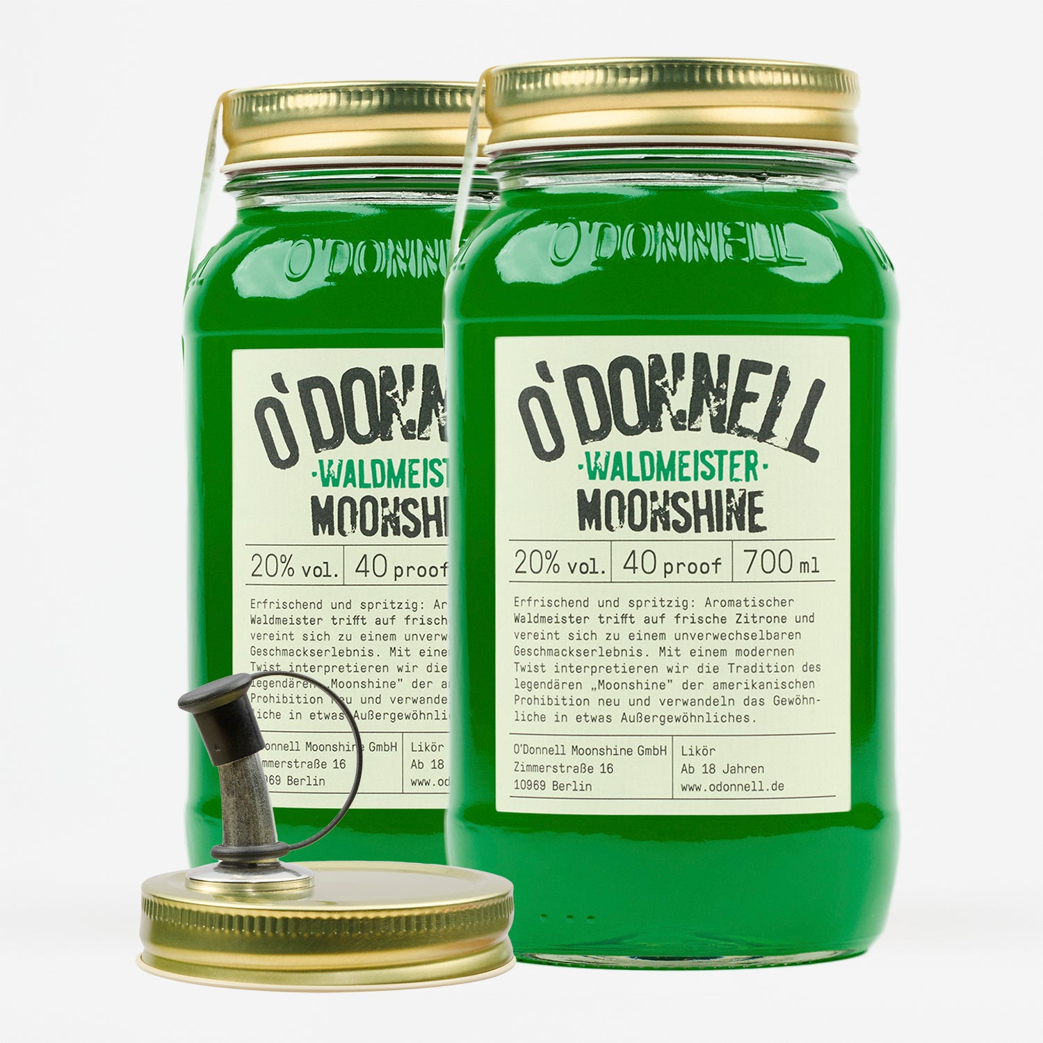 Das Produktbild des O'Donnell Moonshine Waldmeister Likör mit 20% vol.  im 700ml Mason Jar im 2er Bundle.