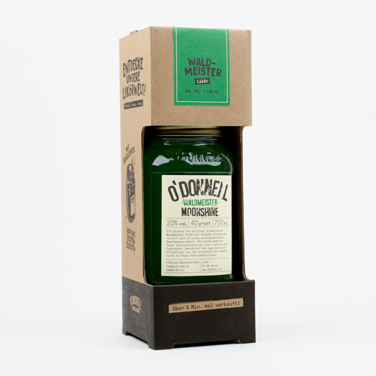 Das Produktbild des O'Donnell Moonshine 700ml Waldmeister Mason Jar im Starter Set mit 20% vol.