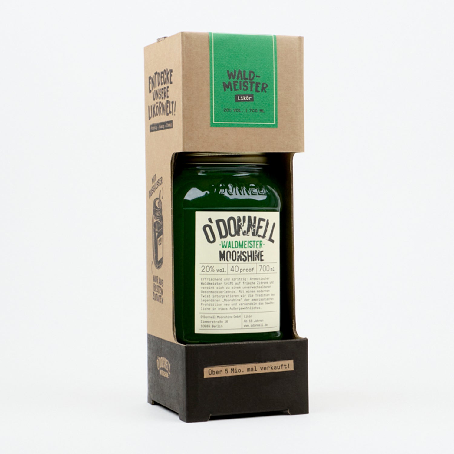 Das Produktbild des O'Donnell Moonshine 700ml Waldmeister Mason Jar im Starter Set mit 20% vol.