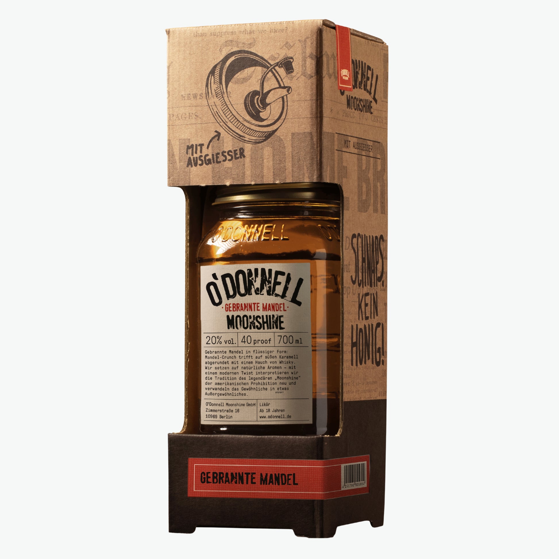 O'Donnell Moonshine Likör Gebrannte Mandel (700ml) im Einmachglas mit Kartonverpackung inklusive Ausgießer.