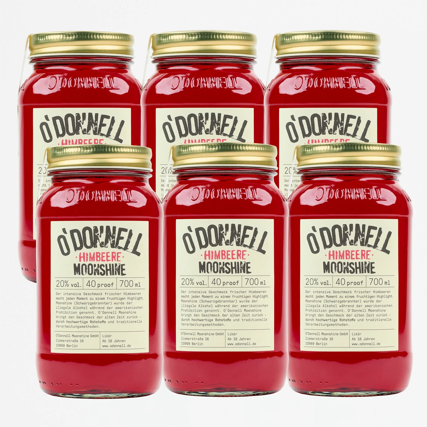 O'Donnell Moonshine Himbeere 6er Bundle, sechs Gläser freigestellt auf weißem Hintergrund