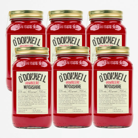 O'Donnell Moonshine Himbeere 6er Bundle, sechs Gläser freigestellt auf weißem Hintergrund