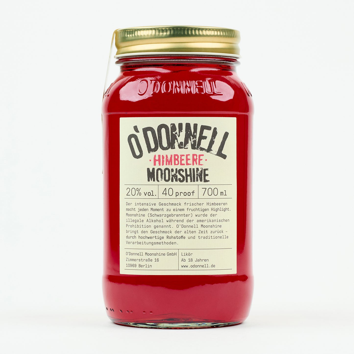 O'Donnell Moonshine Himbeere Single Jar auf weißem Hintergrund
