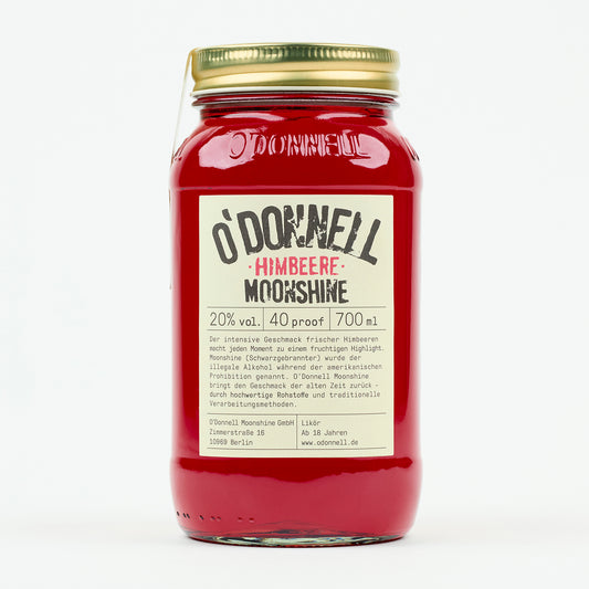 O'Donnell Moonshine Himbeere Single Jar auf weißem Hintergrund