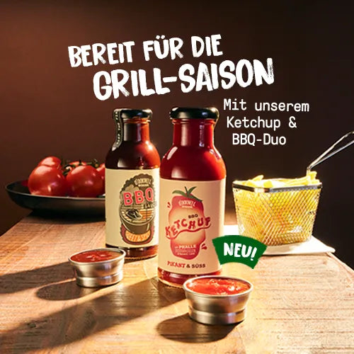 O'Donnell Moonshine Ketchup & BBQ-Duo Homepage-Mobilebanner – Flaschen mit Tomaten, Pommes und Dip, Text: Bereit für die Grill-Saison, Mit unserem Ketchup- & BBQ-Duo, NEU!