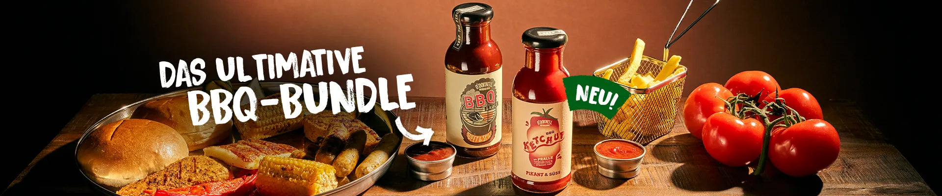 O'Donnell Moonshine BBQ-Bundle Promotion Desktopbanner – BBQ Sauce und BBQ Ketchup mit Grillgerücht und Tomaten, Text: Das Ultimative BBQ-Bundle, NEU!