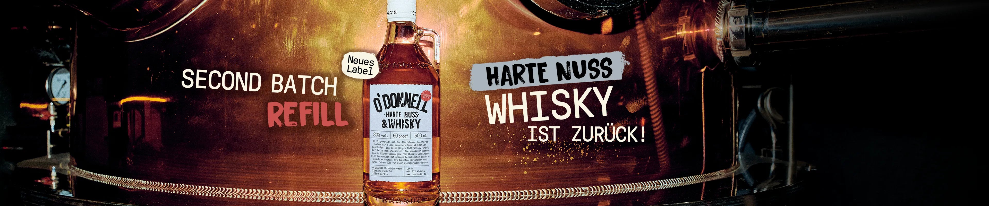 Der Desktop Banner zum bewerben des O'Donnell Moonshine Whisky x Harte Nuss Refill.