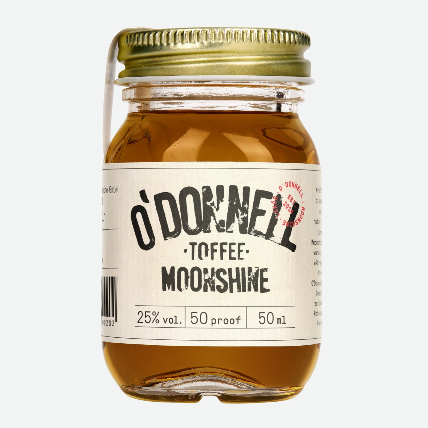 O'Donnell Moonshine Wilde Beere mit 25% vol. in einem 50ml Mini vor weißem Hintergrund.