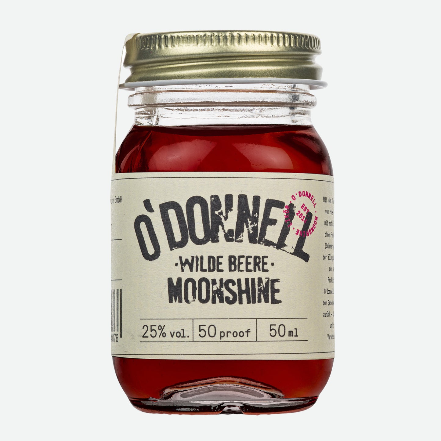 O'Donnell Moonshine Wilde Beere mit 25% vol. in einem 50ml Mini vor weißem Hintergrund.