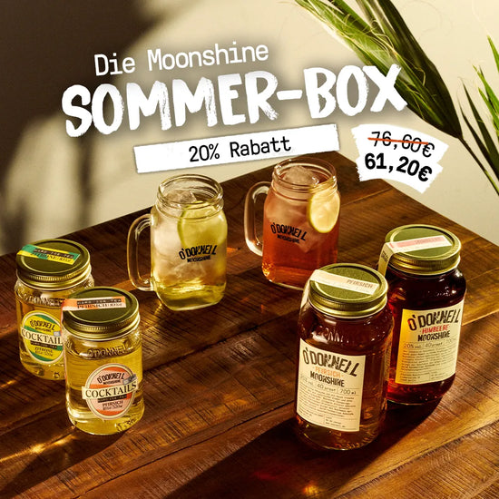 Quadratisches Homepage-Banner für die O'Donnell Moonshine Sommer-Box in der Draufsicht auf einem Holztisch. Zu sehen sind zwei gefüllte Cocktail-Gläser mit Eis und Zitrone, zwei Moonshine-Flaschen (Pfirsich und Himbeere) sowie zwei Cocktail-Mixer vor hellem Hintergrund mit Palmenblättern. Text: „Die Moonshine SOMMER-BOX – 20% Rabatt“ sowie das Preisschild von 61,20€ statt 76,60€.